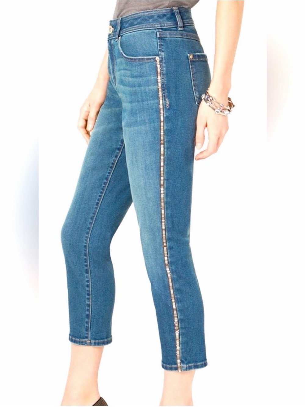 INC International Concepts Blue Cropped Stretch Jeans with Metalic/Glitter Trim